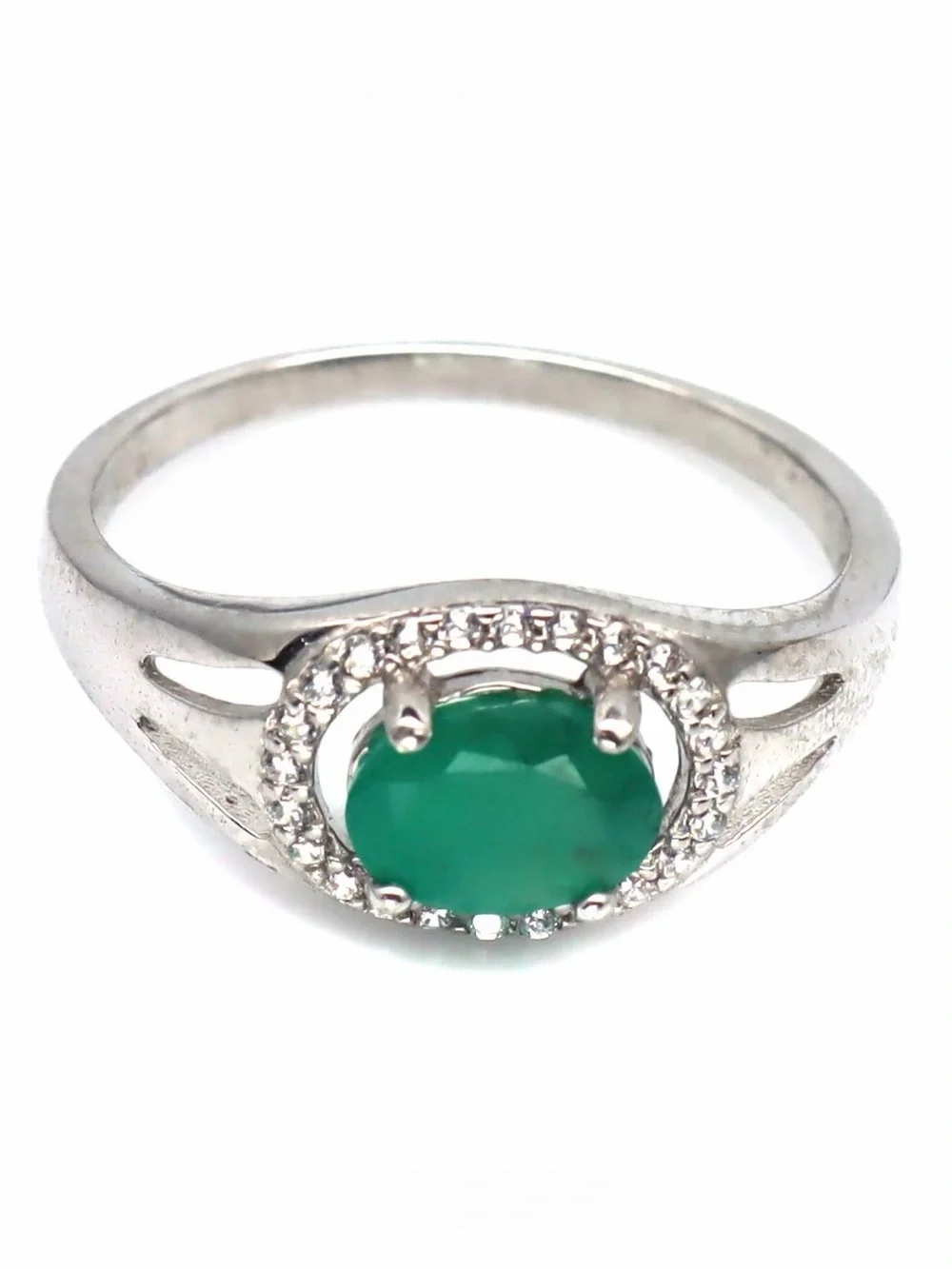 Stunning Natural Emerald .80CT & Zircon Halo 925 Sterling Silver Ring Size 7